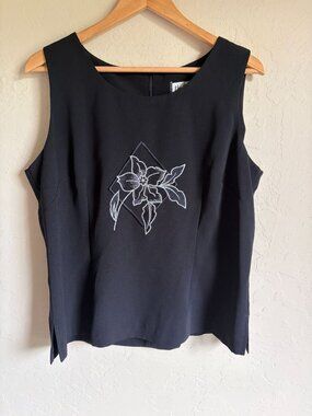 Mary McFadden Size 16 Black Sleeveless Stop White Floral Embroidery